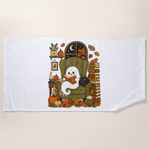 Cute Ghost Reading Book Black Cat Fall Pumpkin Beach Towel