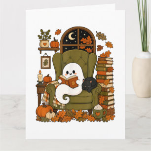 Cute Ghost Reading Book Black Cat Fall Pumpkin Card