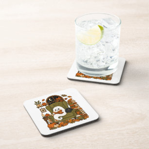 Cute Ghost Reading Book Black Cat Fall Pumpkin Coaster