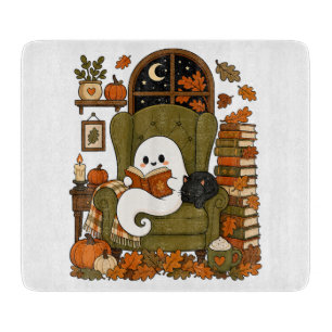 Cute Ghost Reading Book Black Cat Fall Pumpkin Cutting Board