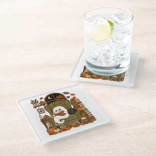 Cute Ghost Reading Book Black Cat Fall Pumpkin Glass Coaster