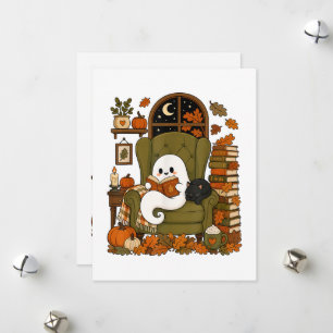 Cute Ghost Reading Book Black Cat Fall Pumpkin Holiday Card