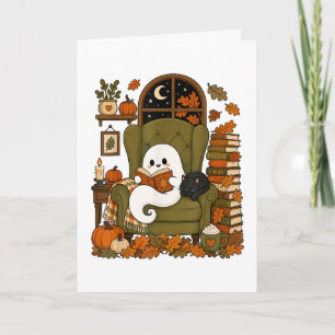 Cute Ghost Reading Book Black Cat Fall Pumpkin Holiday Card