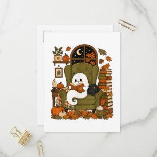 Cute Ghost Reading Book Black Cat Fall Pumpkin  Invitation Postcard
