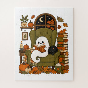 Cute Ghost Reading Book Black Cat Fall Pumpkin Jigsaw Puzzle
