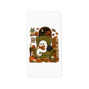 Cute Ghost Reading Book Black Cat Fall Pumpkin Label