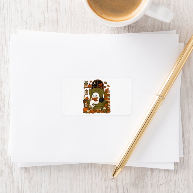 Cute Ghost Reading Book Black Cat Fall Pumpkin Label (Insitu)