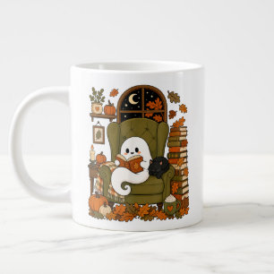 Cute Ghost Reading Book Black Cat Fall Pumpkin Large Coffee Mug