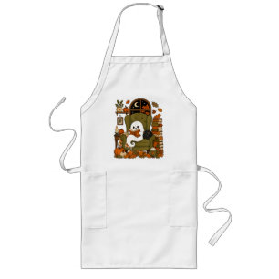 Cute Ghost Reading Book Black Cat Fall Pumpkin Long Apron