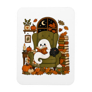 Cute Ghost Reading Book Black Cat Fall Pumpkin Magnet
