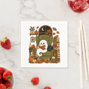 Cute Ghost Reading Book Black Cat Fall Pumpkin Napkin