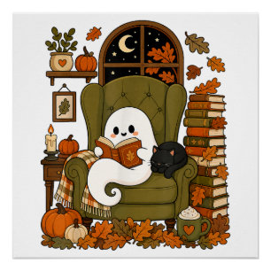 Cute Ghost Reading Book Black Cat Fall Pumpkin Poster