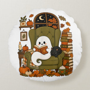 Cute Ghost Reading Book Black Cat Fall Pumpkin Round Pillow