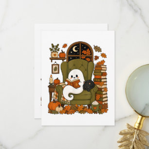 Cute Ghost Reading Book Black Cat Fall Pumpkin  Thank You Card