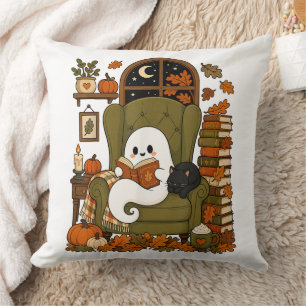 Cute Ghost Reading Book Black Cat Fall Pumpkin Throw Pillow