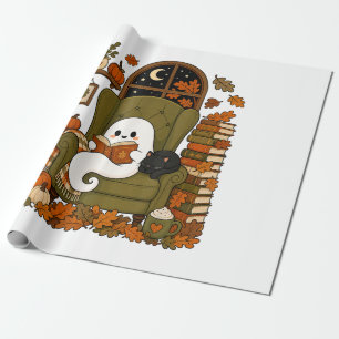 Cute Ghost Reading Book Black Cat Fall Pumpkin Wrapping Paper