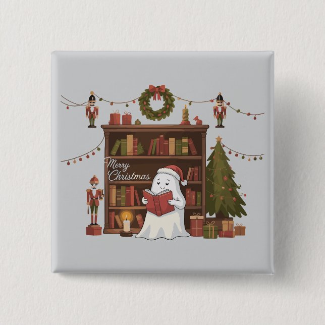 Cute Ghost Reading Book Christmas Reading  2 Inch Square Button (Front)