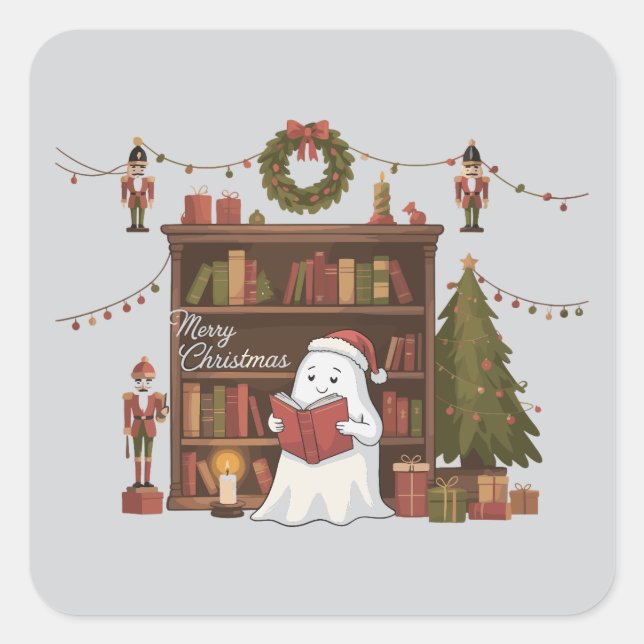 Cute Ghost Reading Book Christmas Reading  Square Sticker (Front)
