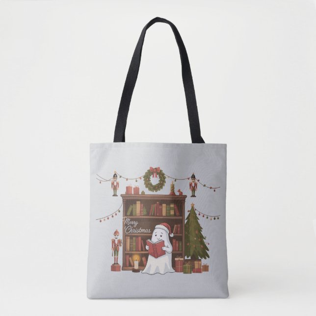 Cute Ghost Reading Book Christmas Reading  Tote Bag (Front)