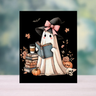 Cute Ghost Reading Book Lovers Halloween Ghost Acrylic Sign