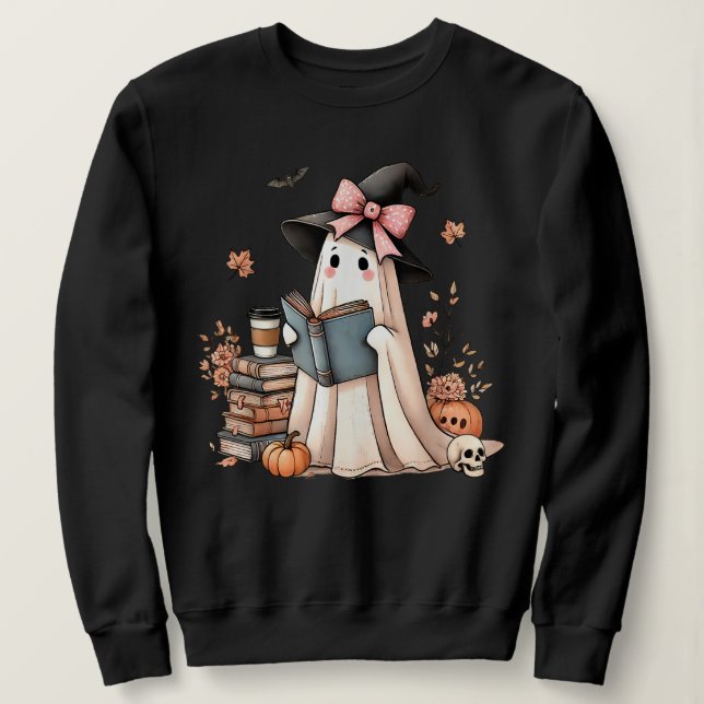 Cute Ghost Reading Book Lovers Halloween Ghost  Sweatshirt (Design Front)