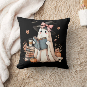 Cute Ghost Reading Book Lovers Halloween Ghost Throw Pillow