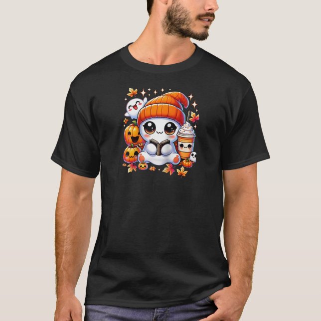 Cute Ghost Reading Book Pumpkins Fall Chocolate Ha T-Shirt (Front)