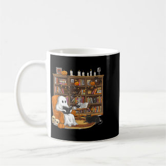 Cute Ghost Reading Books With Black Cat Halloween Coffee Mug