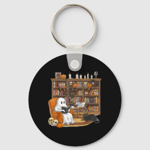 Cute Ghost Reading Books With Black Cat Halloween Keychain
