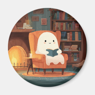 Cute Ghost Reading By A Cozy Fireplace - Magnet