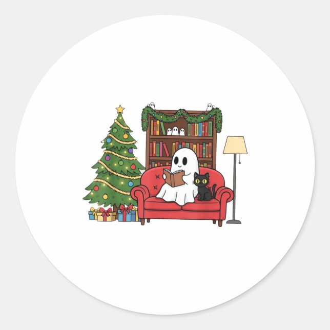 Cute Ghost Reading Christmas, Christmas Ghost Book Classic Round Sticker (Front)