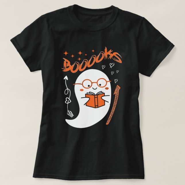 Cute Ghost Reading: Halloween Teacher Design T-Shirt (Design Front)