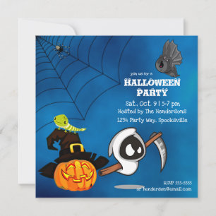 Cute Ghost Reaper and Jack-o-lantern Halloween Invitation