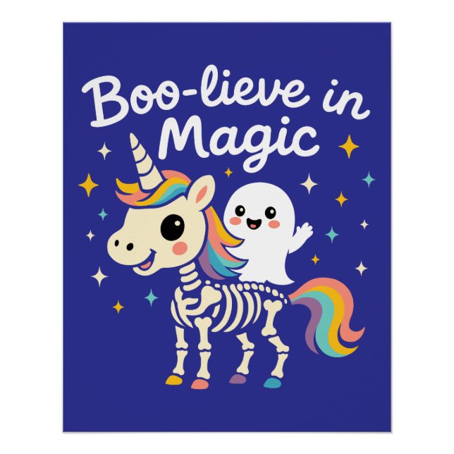 Cute Ghost riding a Unicorn Skeleton Poster (Front)