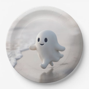 Cute Ghost Running On a Beach Paper Plate