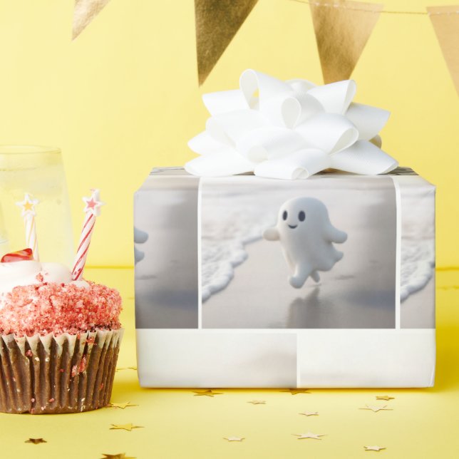 Cute Ghost Running On a Beach Wrapping Paper (Birthday Party)