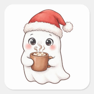 Cute Ghost Santa Hat Hot Cocoa Christmas Sticker