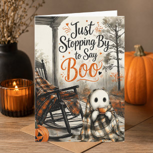 Cute Ghost Saying Boo Cozy Happy Halloween Card