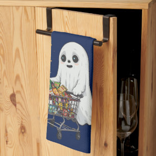 Cute Ghost Shopping Cart Snacks Funny Halloween Kitchen Towel