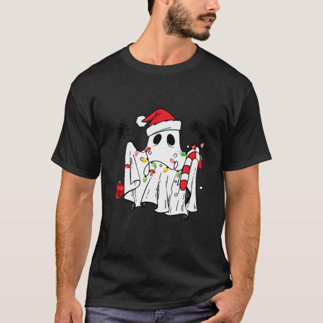 Cute Ghost Spooky Christmas Santa Hat Funny Family T-Shirt (Front)