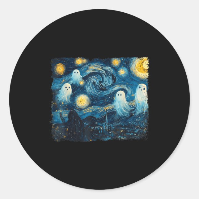 Cute Ghost Starry Night Halloween Soky Retro Van G Classic Round Sticker (Front)