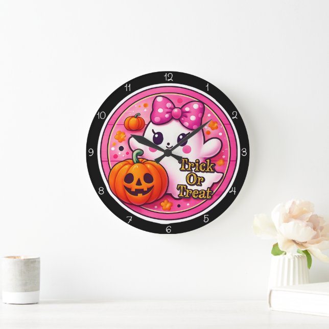 Cute Ghost Trick Or Treat Fun Large Clock (Home)