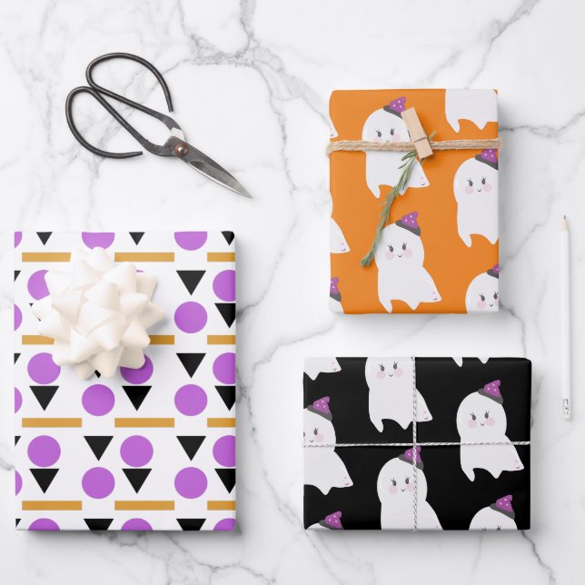 Cute Ghost Witch Hat Halloween Shapes Wrapping Paper Sheet (Front)