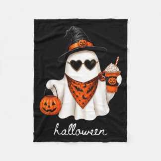 Cute Ghost Witch Hat Pumpkin Coffee Halloween Fleece Blanket