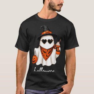 Cute Ghost Witch Hat Pumpkin Coffee Halloween T-Shirt