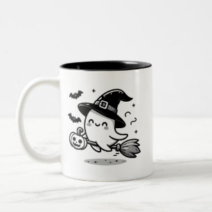 Cute Ghost Witch with Pumpkin & Broom   Two-Sided  Two-Tone Coffee Mug