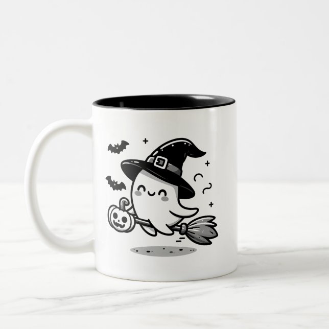 Cute Ghost Witch with Pumpkin & Broom | Two-Sided  Two-Tone Coffee Mug (Left)