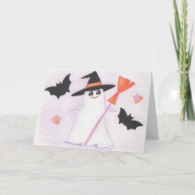 Cute Ghost with bats and candy Card (Front)