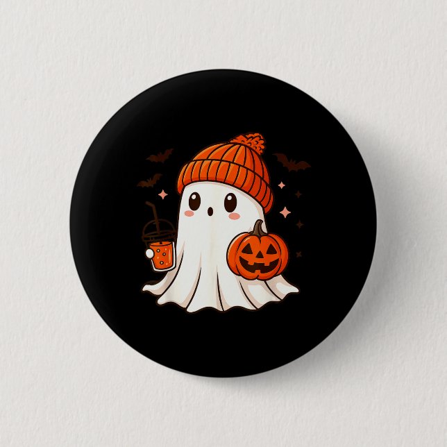 Cute Ghost with Beanie Holding Pumpkin Coffee 2 Inch Round Button (Front)