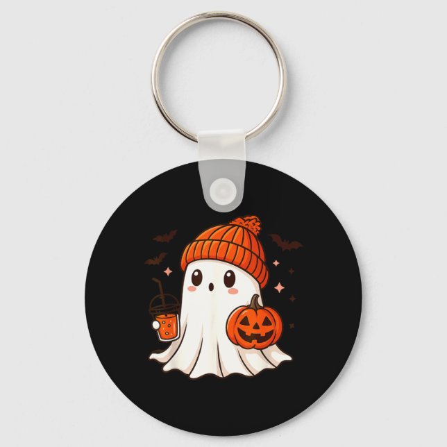 Cute Ghost with Beanie Holding Pumpkin Coffee Keychain (Front)